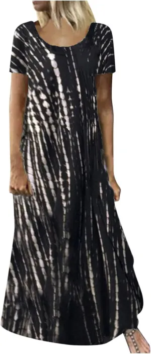 Womens Summer Plus Size Short Sleeve Crew Neck Midi Dress 2024 Fashion Casual Fit Flowy Boho Beach Vacation Sundress