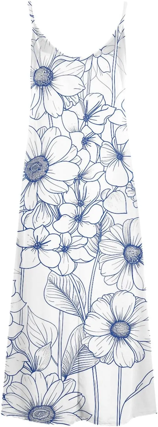 Womens V Neck Adjustable Spaghetti Strap Sundress 2025 Vintage Printed Maxi Cami Dress Summer Beach Outfits