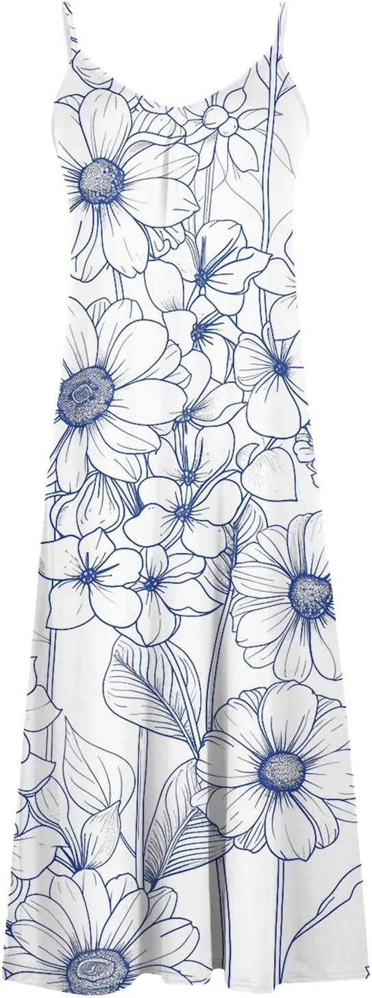 Womens V Neck Adjustable Spaghetti Strap Sundress 2025 Vintage Printed Maxi Cami Dress Summer Beach Outfits