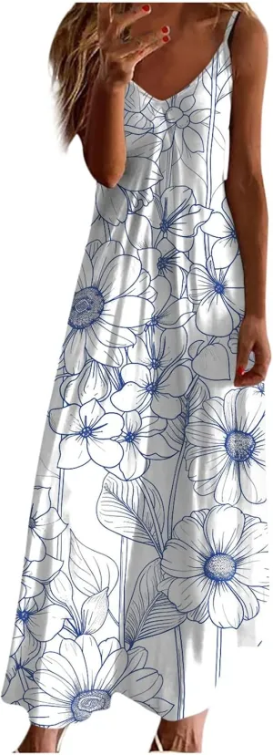 Womens V Neck Adjustable Spaghetti Strap Sundress 2025 Vintage Printed Maxi Cami Dress Summer Beach Outfits