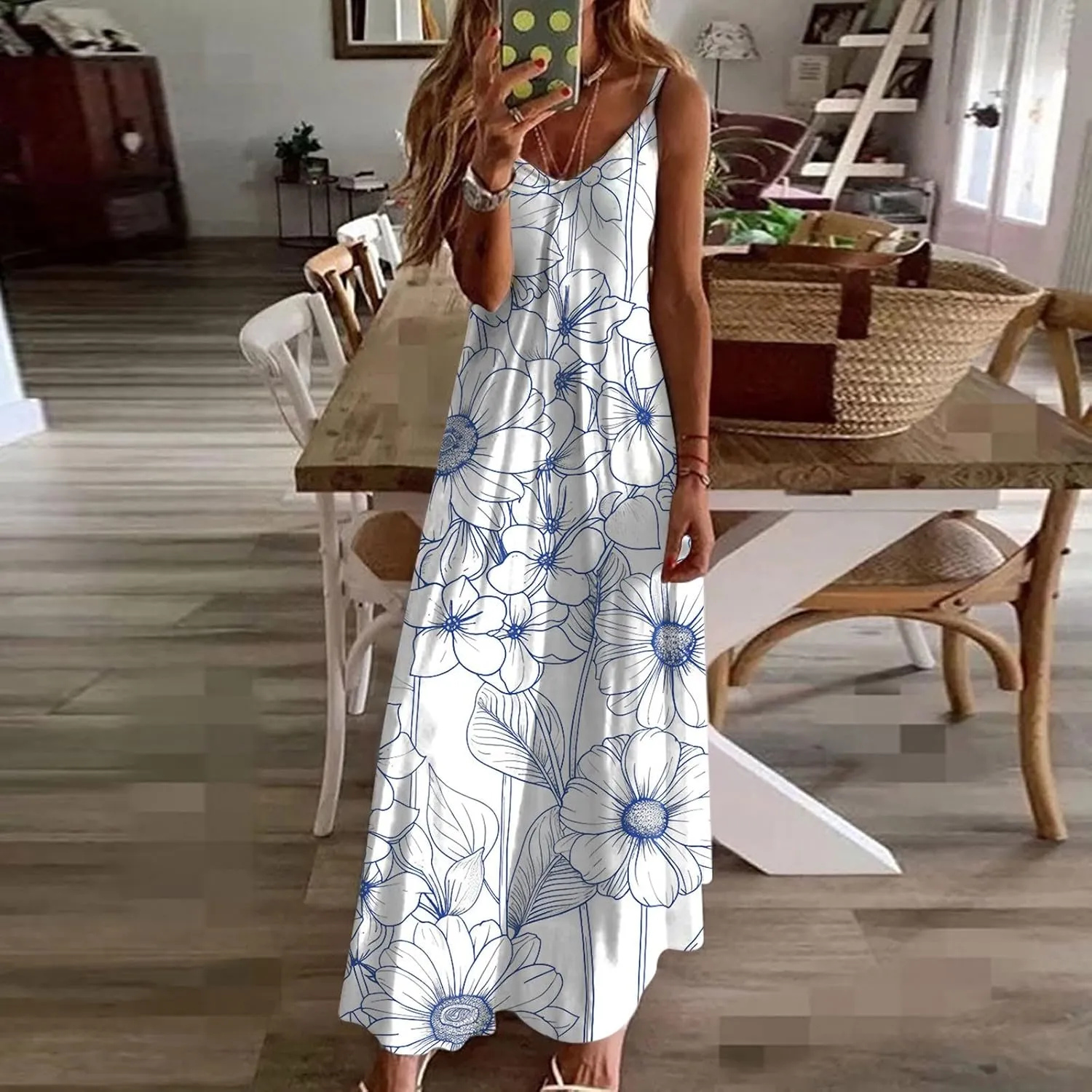 Womens V Neck Adjustable Spaghetti Strap Sundress 2025 Vintage Printed Maxi Cami Dress Summer Beach Outfits