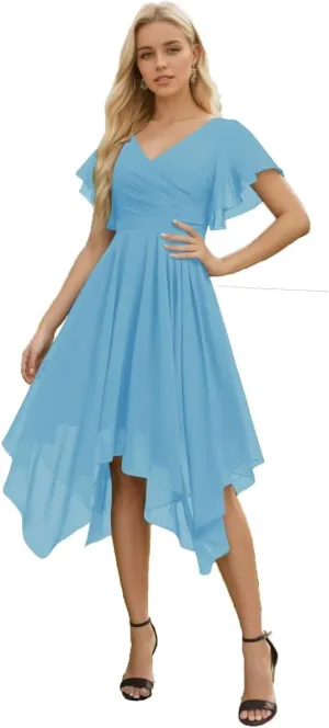 YAUTKA Knee Length Bridesmaid Dresses for Wedding Chiffon Formal Dresses for Women 2024 with Short Flutter Sleeve