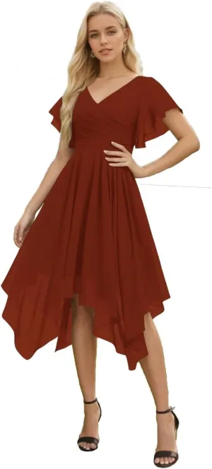 YAUTKA Knee Length Bridesmaid Dresses for Wedding Chiffon Formal Dresses for Women 2024 with Short Flutter Sleeve