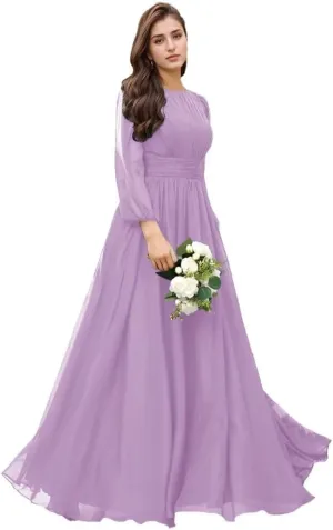 YAUTKA Modest Chiffon Bridesmaid Dresses for Wedding Long Sleeve Ruffles Pleated Formal Dresses for Women 2024