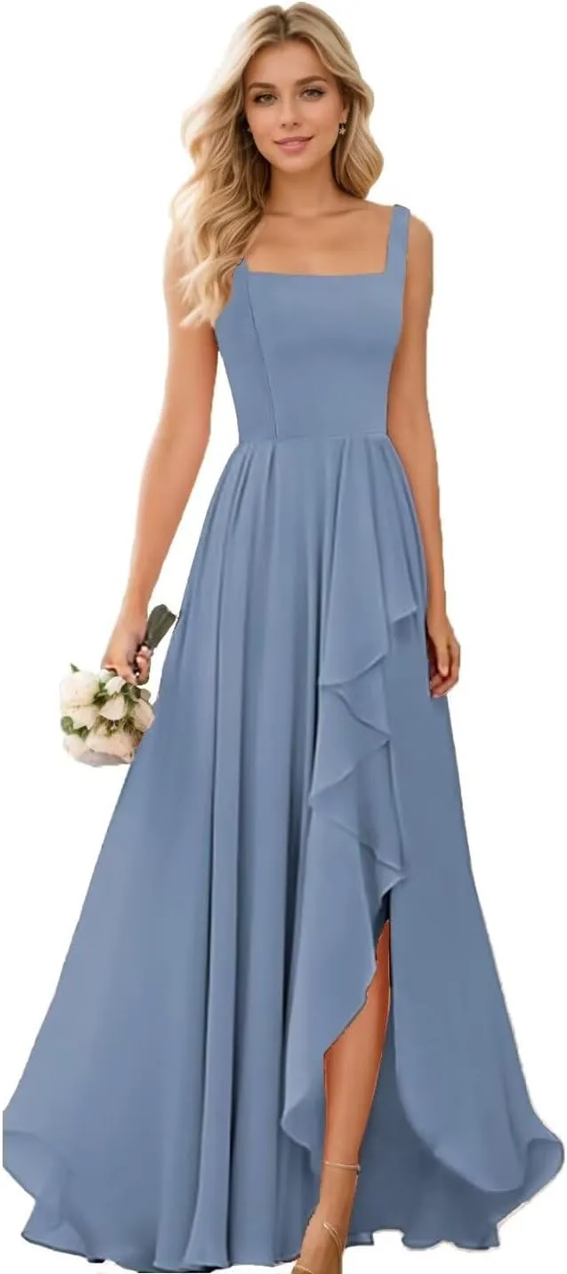 YAUTKA Square Neck Bridesmaid Dresses for Wedding Flowy Chiffon Long Formal Dresses for Women 2024 with Slit
