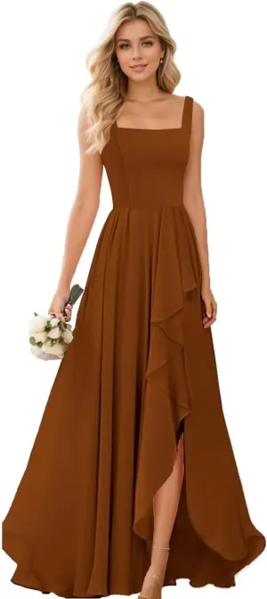 YAUTKA Square Neck Bridesmaid Dresses for Wedding Flowy Chiffon Long Formal Dresses for Women 2024 with Slit