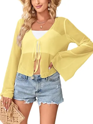 ZAFUL Women Tie Front Cardigan Long Sleeve Sheer Mesh Shrug Tie Top Lightweight Bolero Shrugs for Dresses Cover Ups