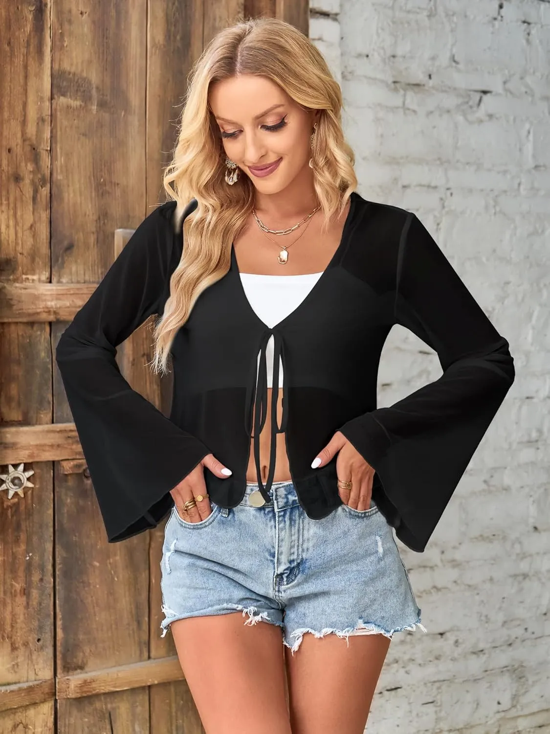 ZAFUL Women Tie Front Cardigan Long Sleeve Sheer Mesh Shrug Tie Top Lightweight Bolero Shrugs for Dresses Cover Ups