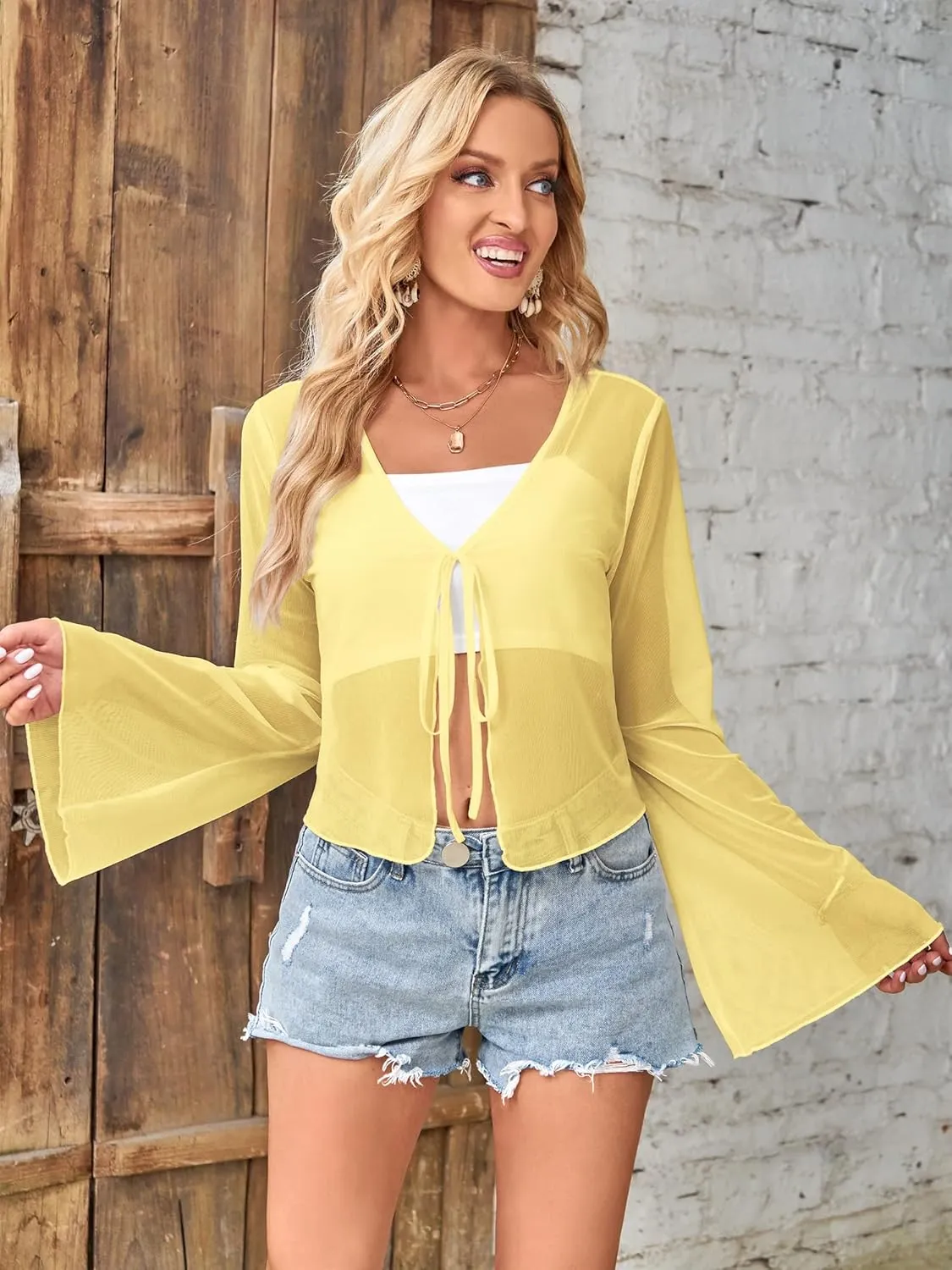 ZAFUL Women Tie Front Cardigan Long Sleeve Sheer Mesh Shrug Tie Top Lightweight Bolero Shrugs for Dresses Cover Ups