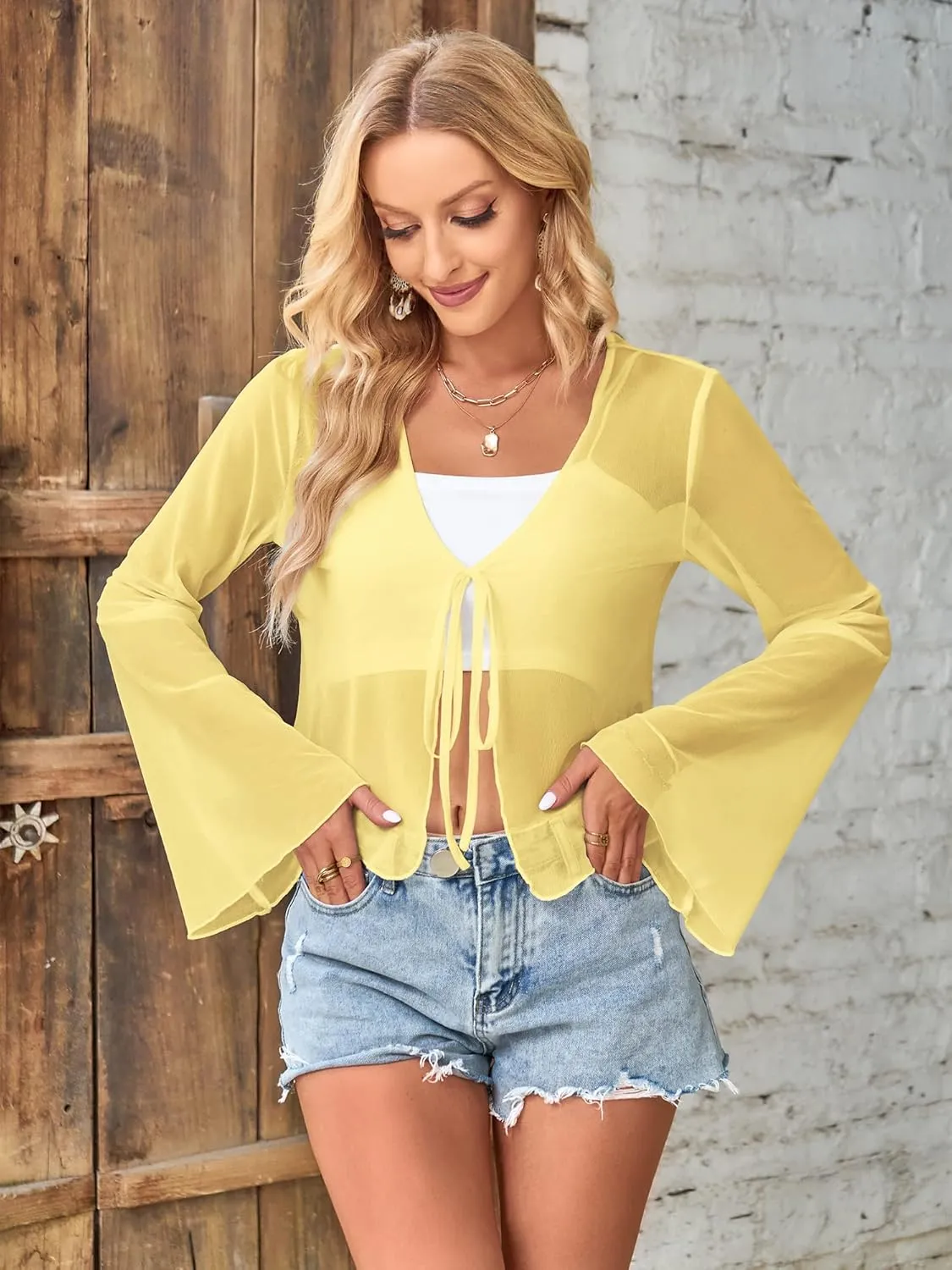 ZAFUL Women Tie Front Cardigan Long Sleeve Sheer Mesh Shrug Tie Top Lightweight Bolero Shrugs for Dresses Cover Ups