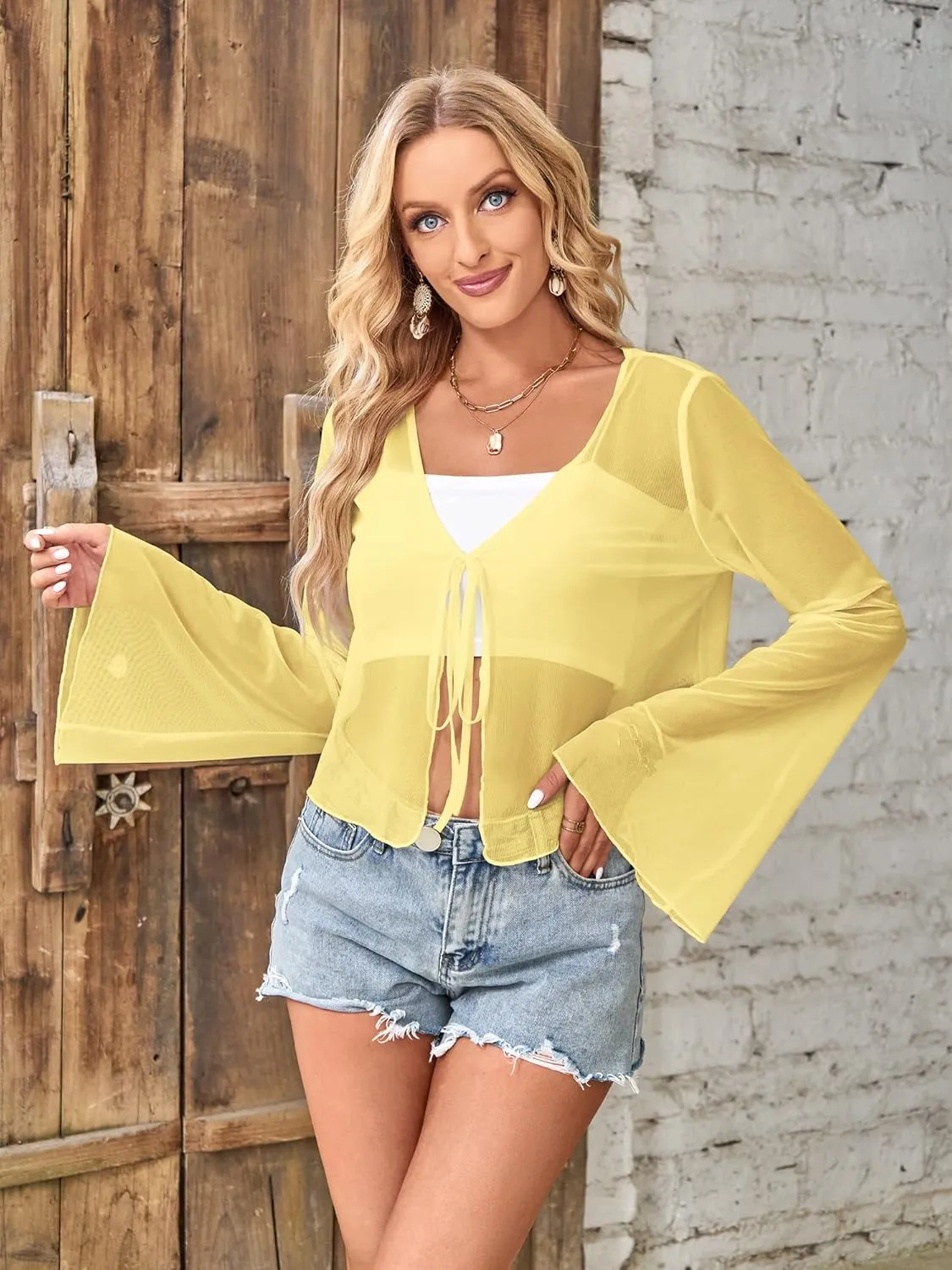 ZAFUL Women Tie Front Cardigan Long Sleeve Sheer Mesh Shrug Tie Top Lightweight Bolero Shrugs for Dresses Cover Ups