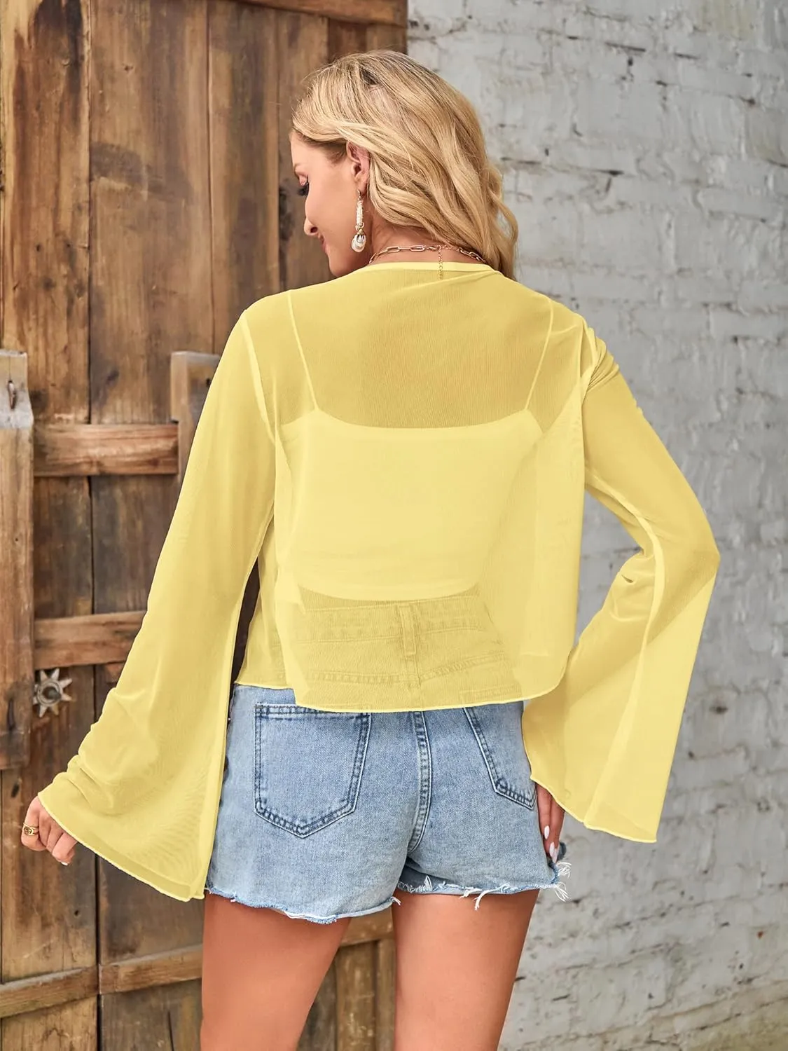 ZAFUL Women Tie Front Cardigan Long Sleeve Sheer Mesh Shrug Tie Top Lightweight Bolero Shrugs for Dresses Cover Ups