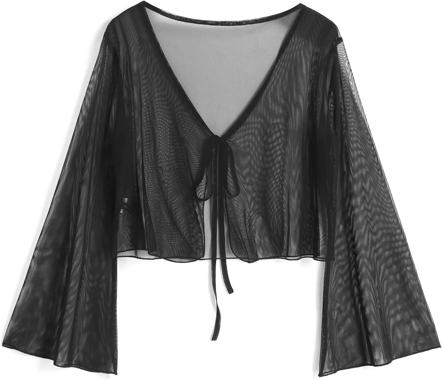 ZAFUL Women Tie Front Cardigan Long Sleeve Sheer Mesh Shrug Tie Top Lightweight Bolero Shrugs for Dresses Cover Ups