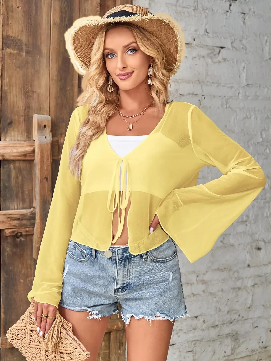 ZAFUL Women Tie Front Cardigan Long Sleeve Sheer Mesh Shrug Tie Top Lightweight Bolero Shrugs for Dresses Cover Ups