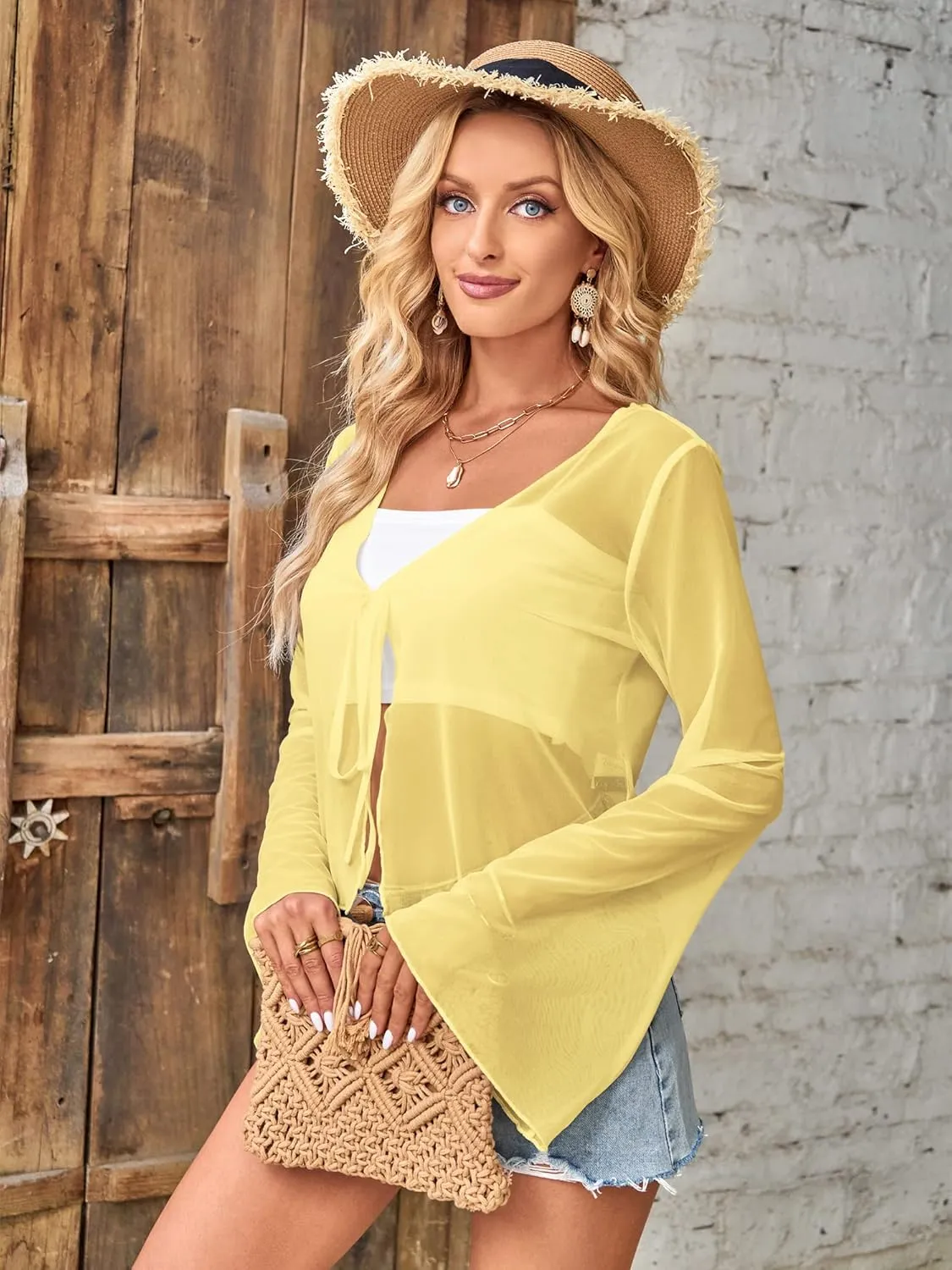 ZAFUL Women Tie Front Cardigan Long Sleeve Sheer Mesh Shrug Tie Top Lightweight Bolero Shrugs for Dresses Cover Ups