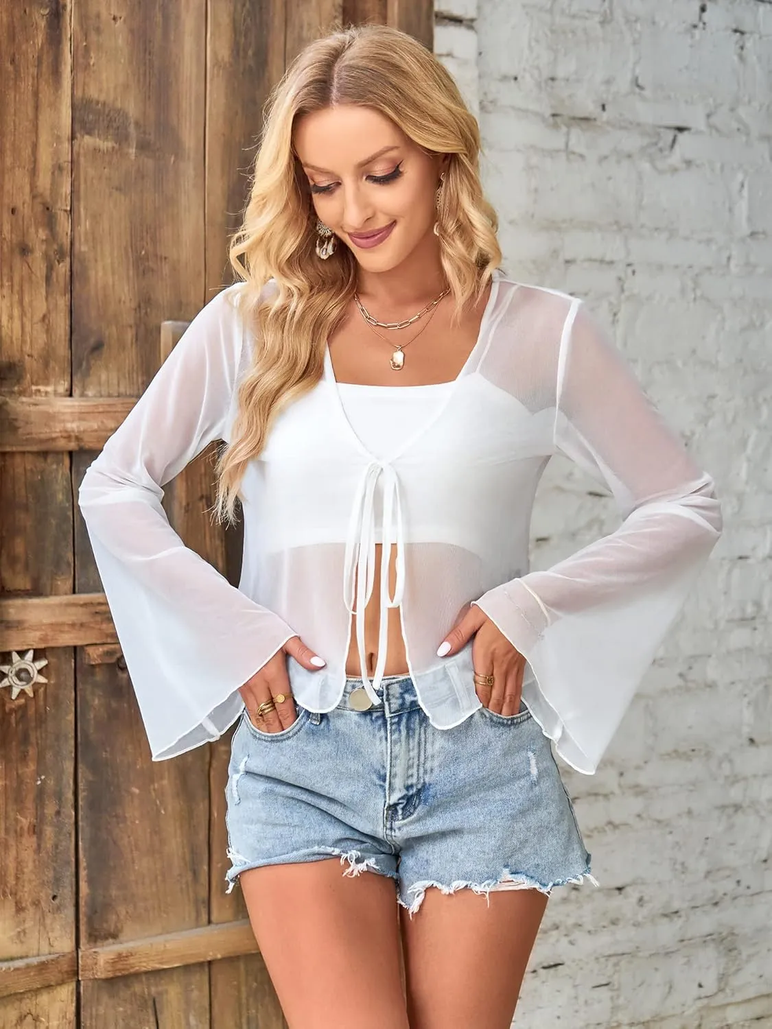 ZAFUL Women Tie Front Cardigan Long Sleeve Sheer Mesh Shrug Tie Top Lightweight Bolero Shrugs for Dresses Cover Ups