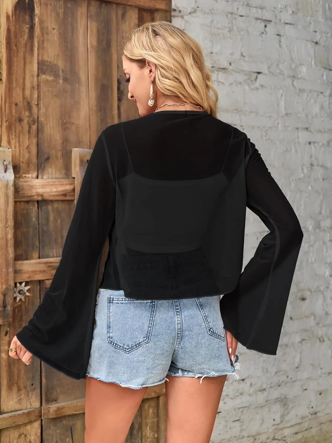 ZAFUL Women Tie Front Cardigan Long Sleeve Sheer Mesh Shrug Tie Top Lightweight Bolero Shrugs for Dresses Cover Ups