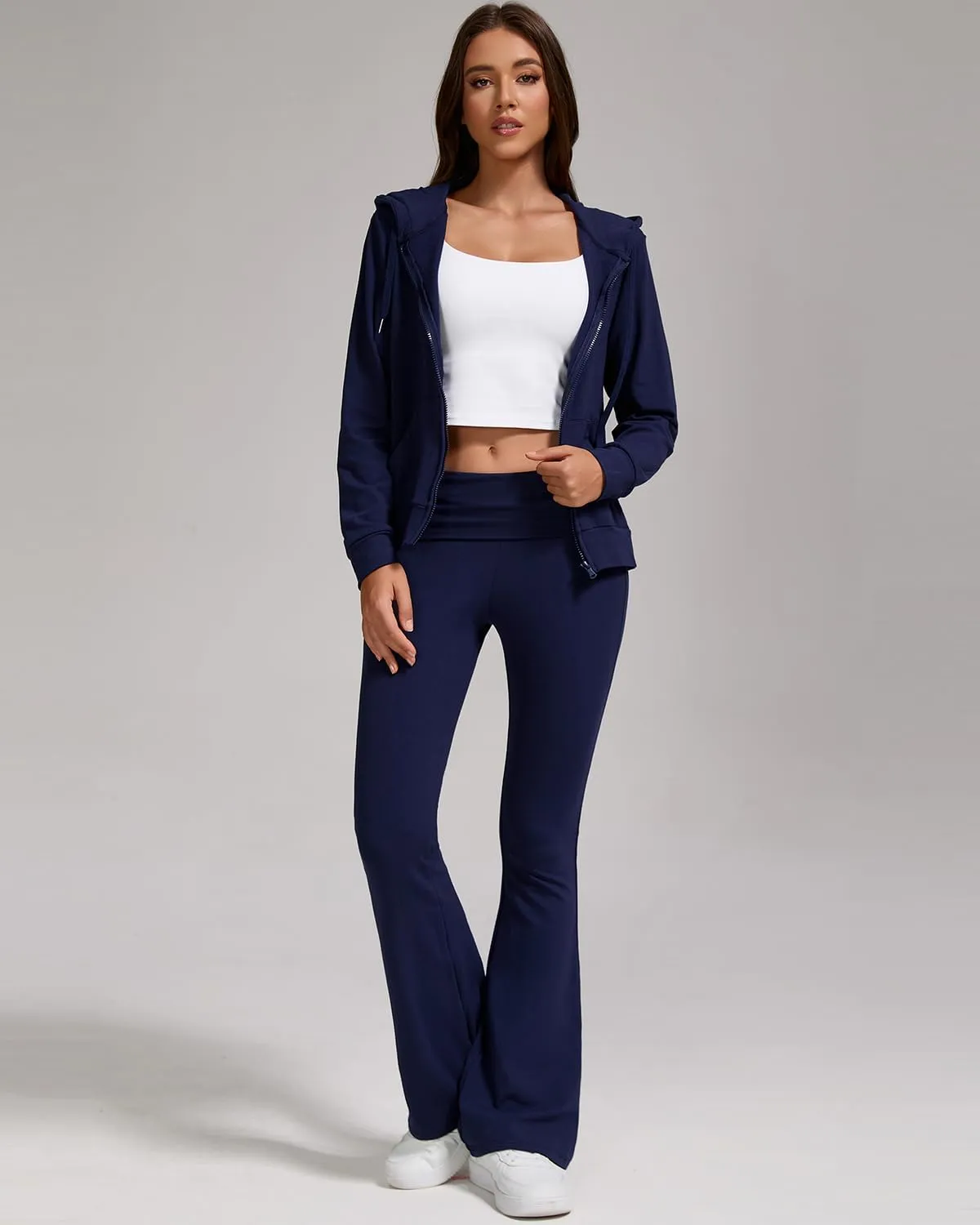 ZFLM Casual Workout Two Piece Outfits for Women Zip Up Hoodies High Waist Foldover Flare Pants Tracksuit Sets Streetwear