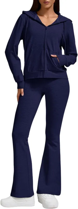 ZFLM Casual Workout Two Piece Outfits for Women Zip Up Hoodies High Waist Foldover Flare Pants Tracksuit Sets Streetwear